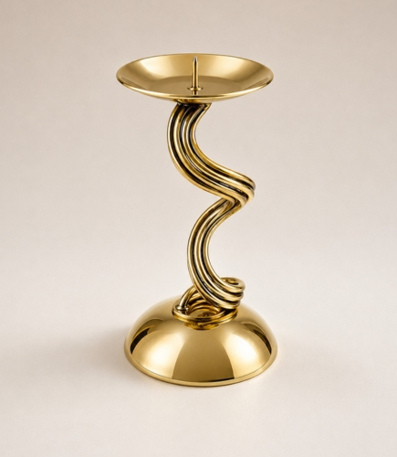Abstract Ribbon-Stem Brass Pillar Holder With Spike