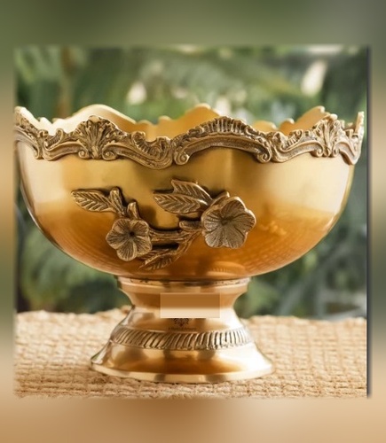Floral Etched Brass Compote Pedestal Bowl