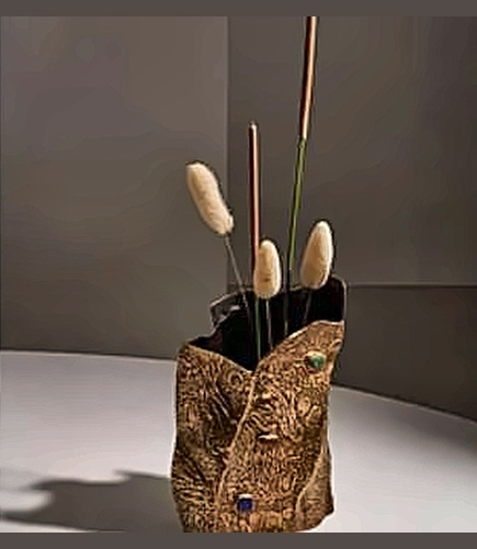 Architectural Folded Jewelled Brass Vase